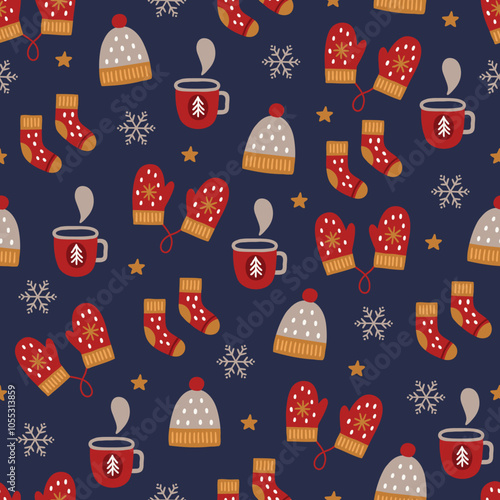 Christmas seamless pattern with hats, cups, mittens, socks, snowflakes on dark background. Perfect for wallpaper, gift paper, winter greeting cards. Vector illustration