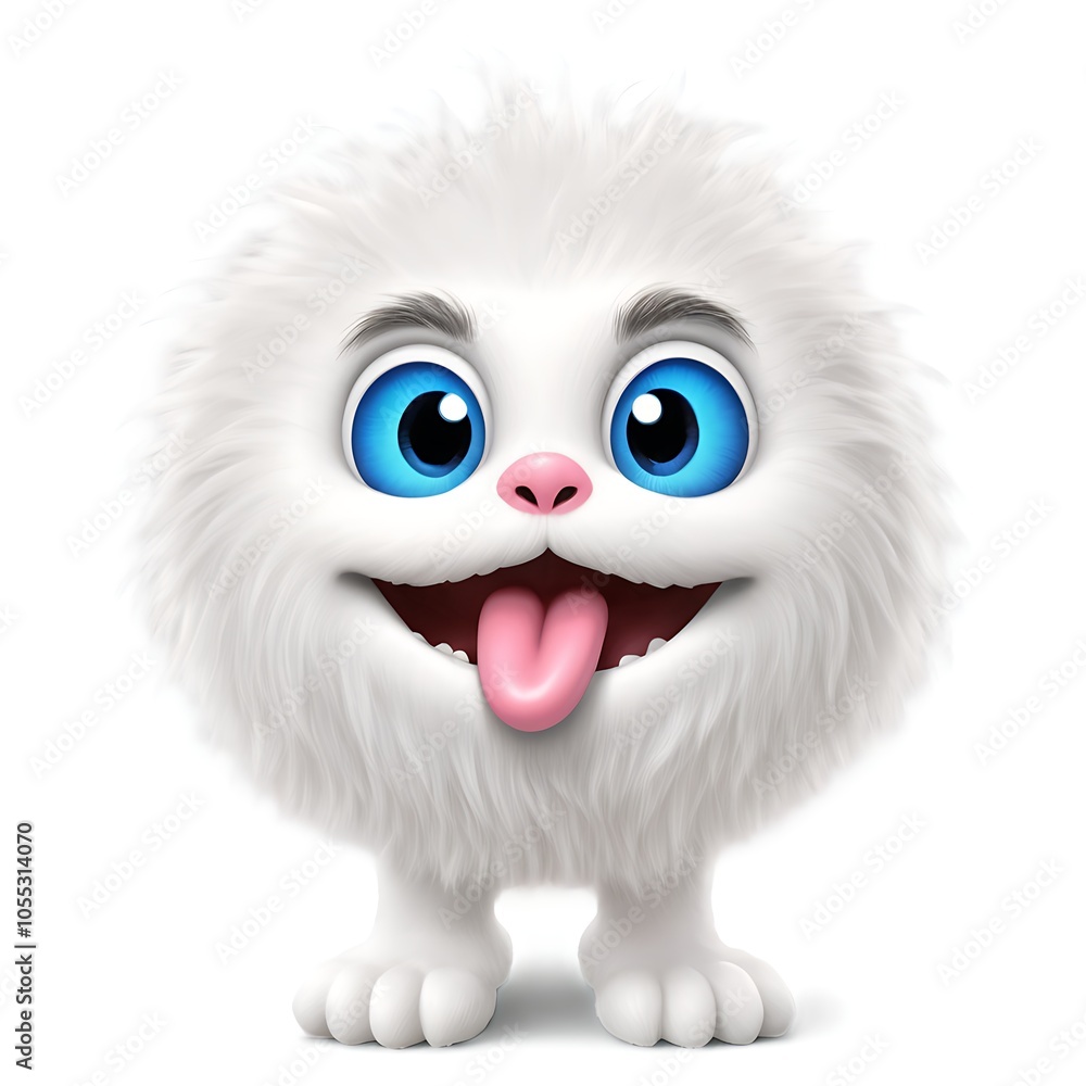 A cute, fluffy, white cartoon creature with big blue eyes and a pink tongue sticking out, standing on white paws. A cute, fluffy, white cartoon creature with big blue eyes and a pink tongue sticking out, standing on white paws.