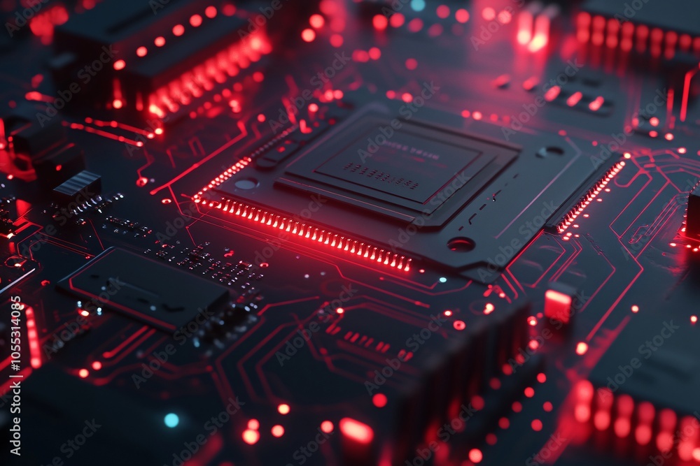Closeup of a glowing red circuit board with a microprocessor Closeup of a glowing red circuit board with a microprocessor