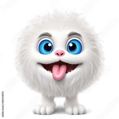 A cute, fluffy, white cartoon creature with big blue eyes and a pink tongue sticking out, standing on white paws.