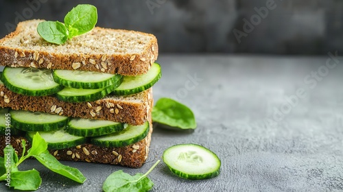 Sliced cucumber and avocado on whole grain bread, vegan ingredients, vegan sandwich concept