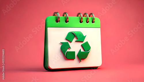 A green and white calendar features a prominent recycling symbol, emphasizing sustainability and eco-friendly practices against a pink background.