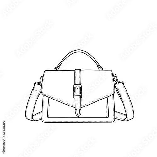 Women's handbag sling bag. Top handle bag, crossbody purse, satchel purse flat sketch fashion illustration drawing template mock-up. Isolated on a white background.