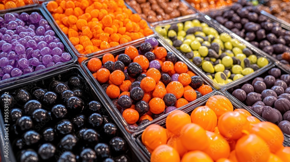 Colorful variety of candies displayed in trays at a market stall during daylight Colorful variety of candies displayed in trays at a market stall during daylight