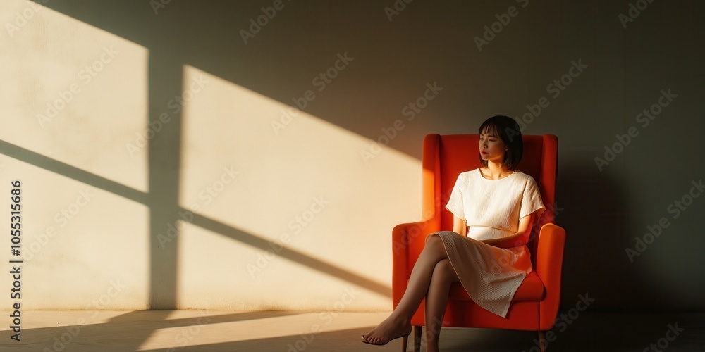A Chinese woman in a dress is sitting in a bright tall red armchair in a room