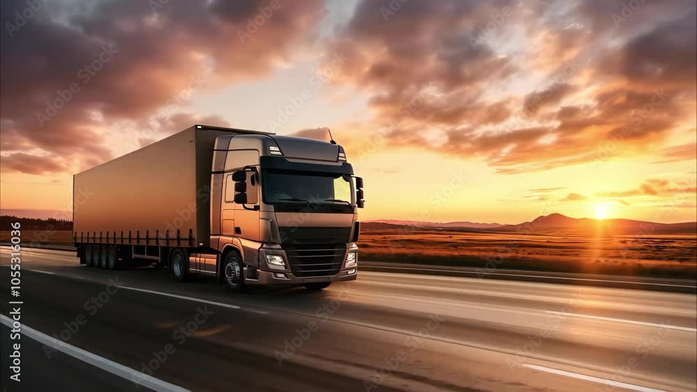 A large truck driving on a road during sunset, with a scenic landscape in the background. A large truck driving on a road during sunset, with a scenic landscape in the background.