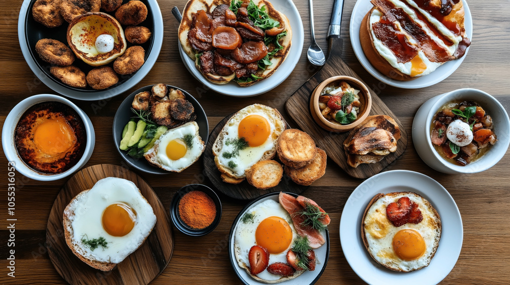 Assorted breakfast dishes on a wooden table including eggs, fruits, vegetables, bread, and various condiments, arranged in an aesthetically pleasing manner. Assorted breakfast dishes on a wooden table including eggs, fruits, vegetables, bread, and various condiments, arranged in an aesthetically pleasing manner.