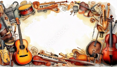 watercolor of musical instruments all around with empty copy space in the middle