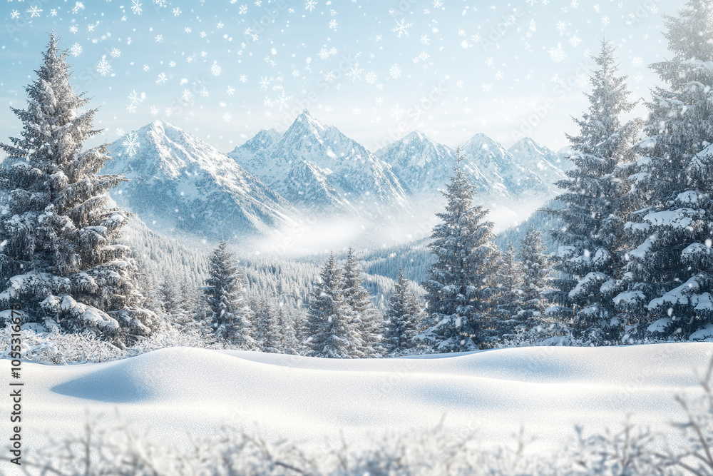 Obraz premium Serene Winter Mountain Landscape with Falling Snow and Frosted Trees