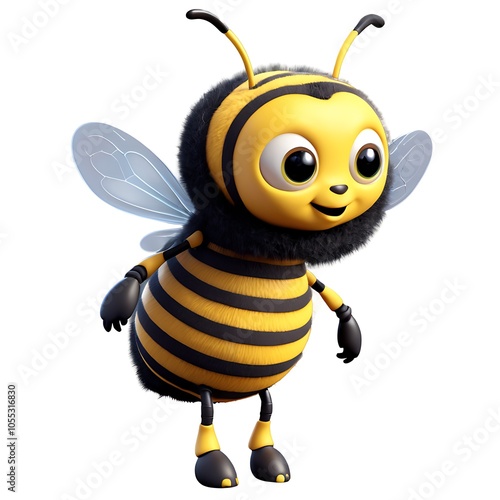 A cute cartoon bee with big eyes, a smile, and fuzzy black hair, standing on white background.