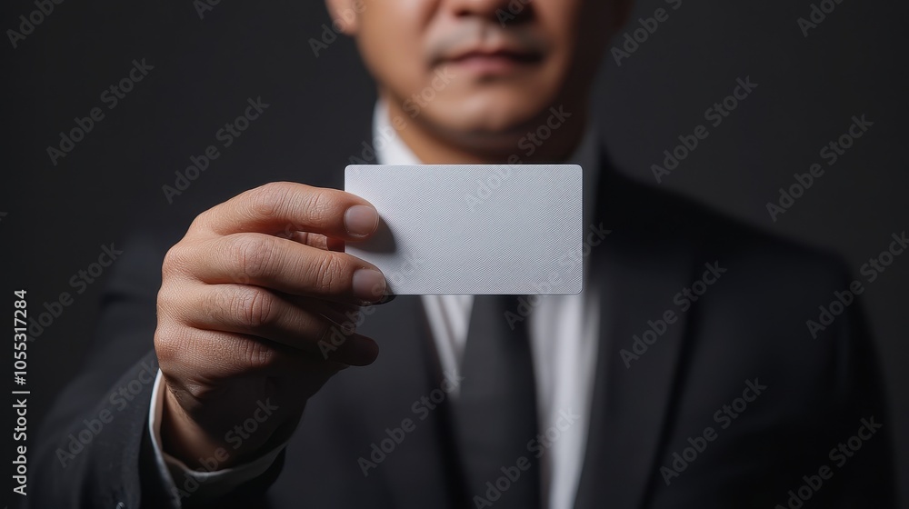 A man in a suit presents a minimalist white card in soft, warm lighting A man in a suit presents a minimalist white card in soft, warm lighting