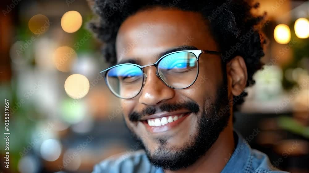 A young man with curly hair and glasses smiles warmly in a cozy cafe setting with blurred background lights and greenery. A young man with curly hair and glasses smiles warmly in a cozy cafe setting with blurred background lights and greenery.