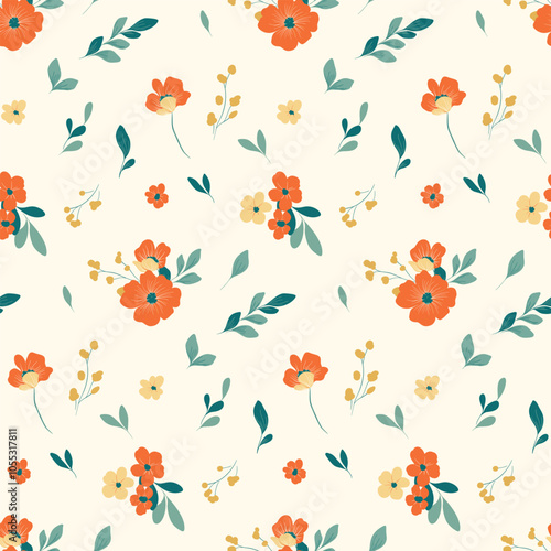 Seamless floral pattern, liberty ditsy print, abstract flower ornament in little folk motif. Elegant botanical design: red hand drawn wild flowers,  small leaves, simple bouquets. Vector illustration.