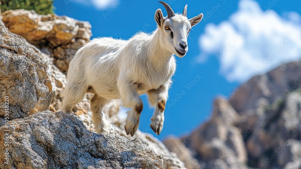 White Goat Standing on a Rocky Ledge Against a Blue Sky White Goat Standing on a Rocky Ledge Against a Blue Sky