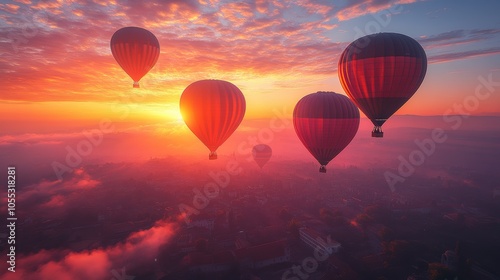 Dawn Balloons Over Landscape, hot air balloons silhouetted against a vibrant sky, expansive terrain below, serene morning atmosphere