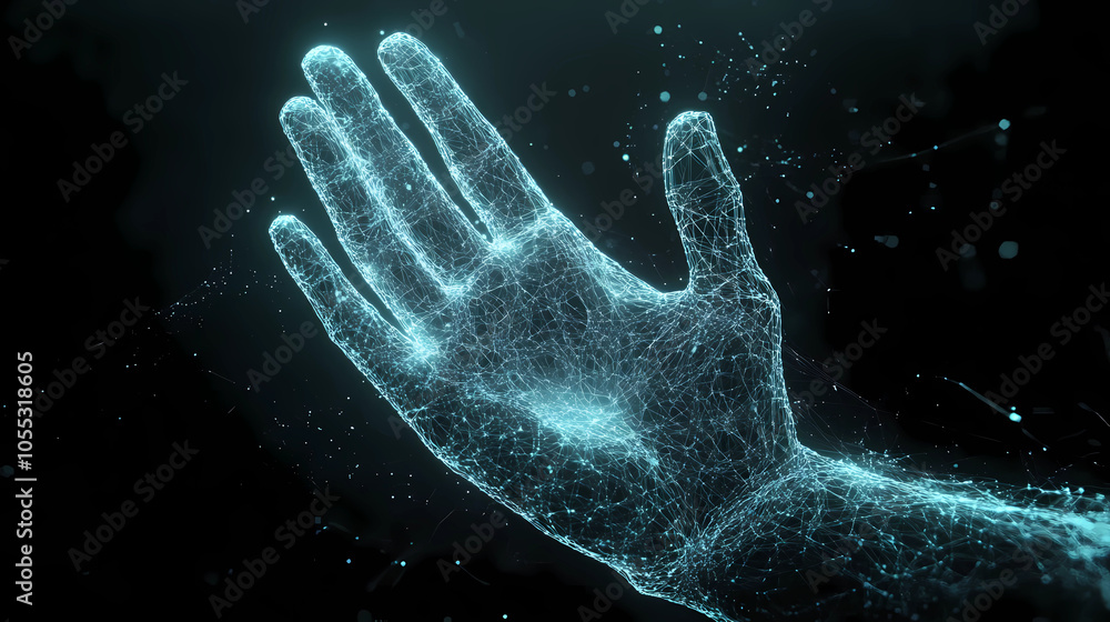 Digital hand hologram on dark background with copy space. Neural network connection. Communication with artificial intelligence Digital hand hologram on dark background with copy space. Neural network connection. Communication with artificial intelligence