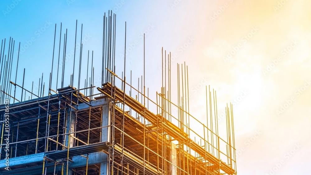 A construction site bathed in sunlight showcases intricate scaffolding and steel reinforcements. vibrant colors of sky enhance industrious atmosphere A construction site bathed in sunlight showcases intricate scaffolding and steel reinforcements. vibrant colors of sky enhance industrious atmosphere