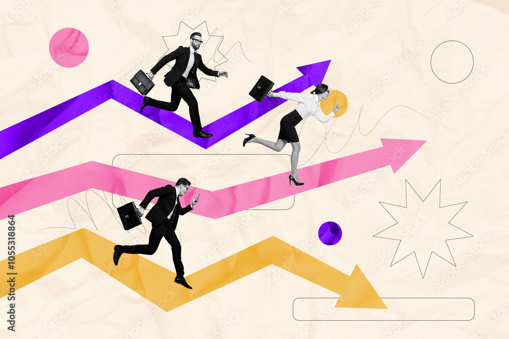 Obraz premium Composite photo collage of happy business men girl run arrow promotion way development success stats isolated on painted background