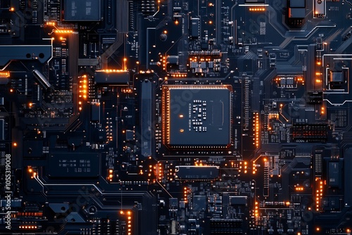 Close Up of a Circuit Board with Glowing Components