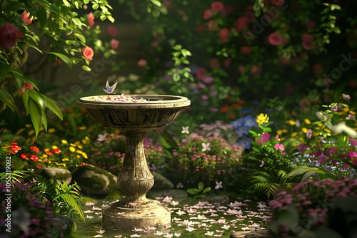 Graceful 3D render of a garden birdbath surrounded by flowers , created by ai photo