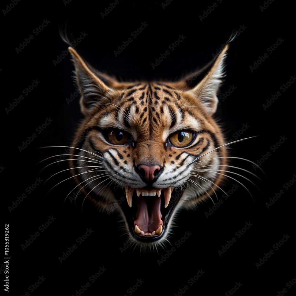 The head of a wild lynx is depicted on a black background The head of a wild lynx is depicted on a black background