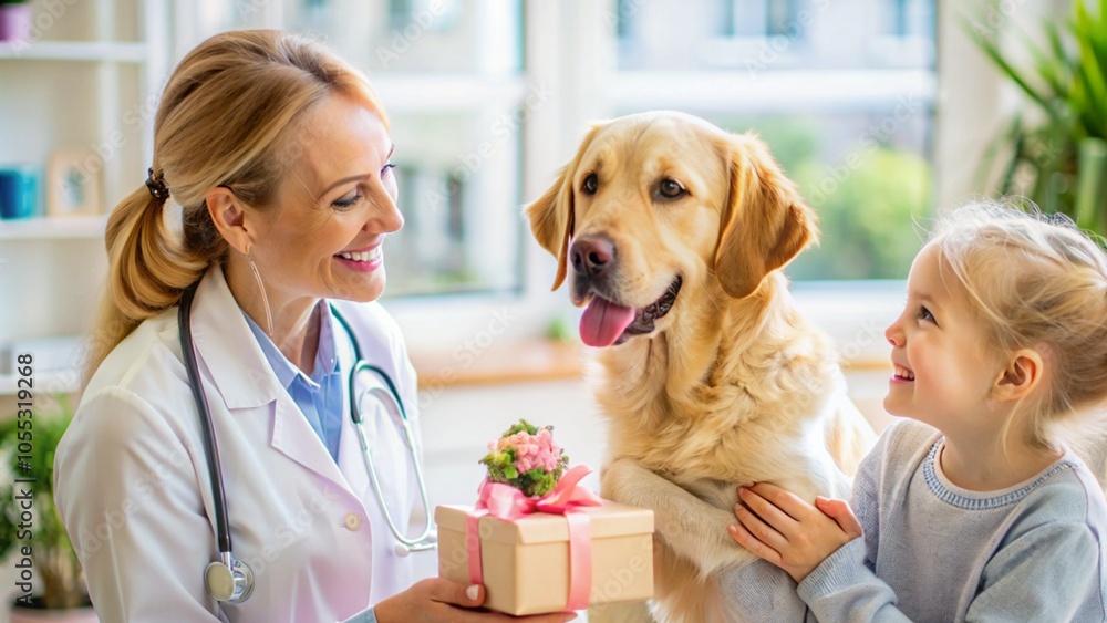 The veterinarian gives a gift to the dog owner that she hugs. The veterinarian gives a gift to the dog owner that she hugs.