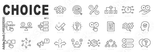 Set of making choice related line icons. Survey, checklist, feedback, option, accept, arrow, way etc. Editable stroke. Set 3