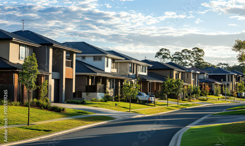 quiet suburban street with houses on both sides, showcasing peaceful and idyllic lifestyle