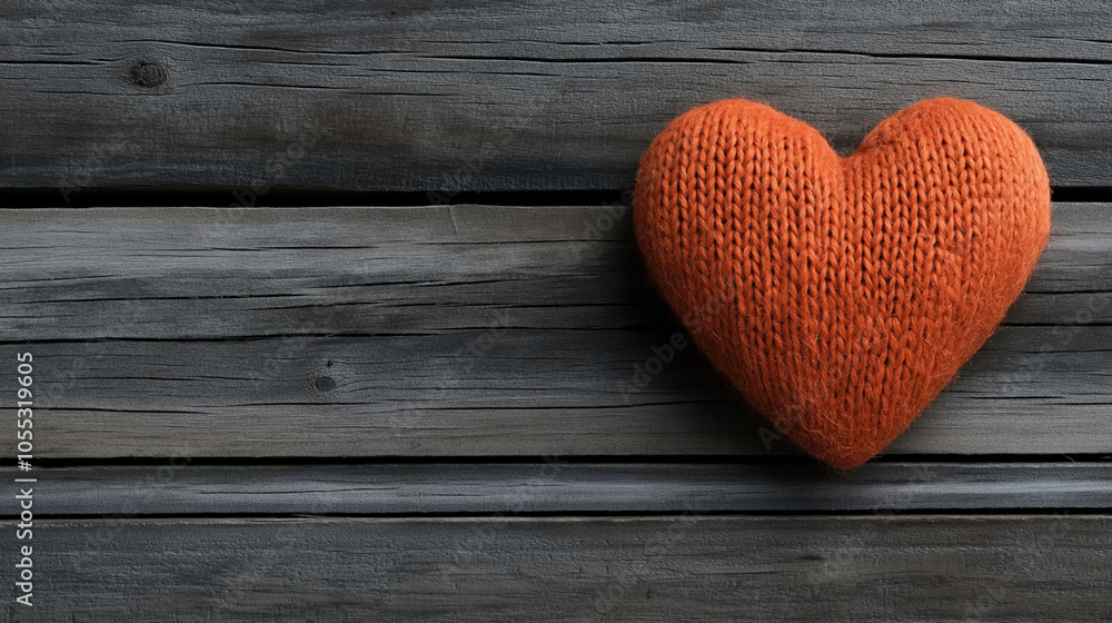 Orange knitted heart-shaped pillow on a rustic wooden background with horizontal planks and natural texture. Orange knitted heart-shaped pillow on a rustic wooden background with horizontal planks and natural texture.