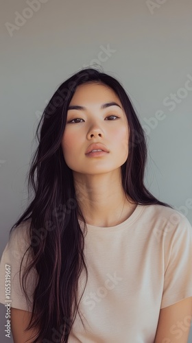 Wallpaper Mural A young Asian model showcases a beige T-shirt in soft light against a neutral backdrop Torontodigital.ca