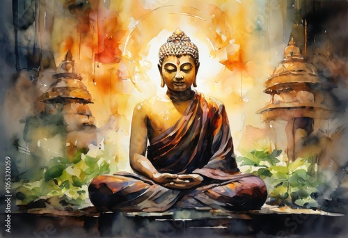 Wallpaper Mural A serene watercolor depiction of a meditating Buddha, surrounded by vibrant colors and a warm glowing background, symbolizing peace and tranquility Torontodigital.ca