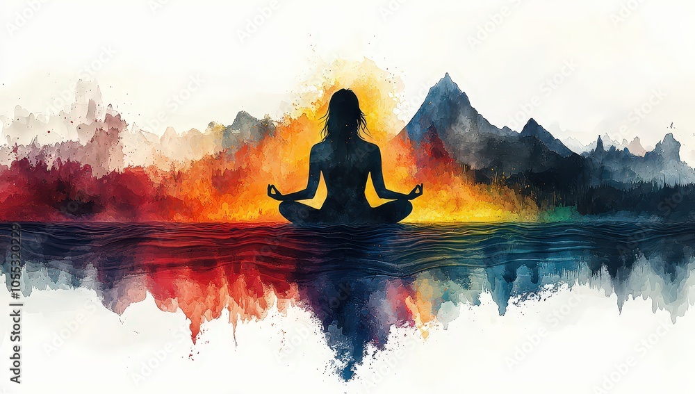 A person meditating in the center of an aura with colorful energy waves radiating from their body, creating harmonious patterns around them. A person meditating in the center of an aura with colorful energy waves radiating from their body, creating harmonious patterns around them.
