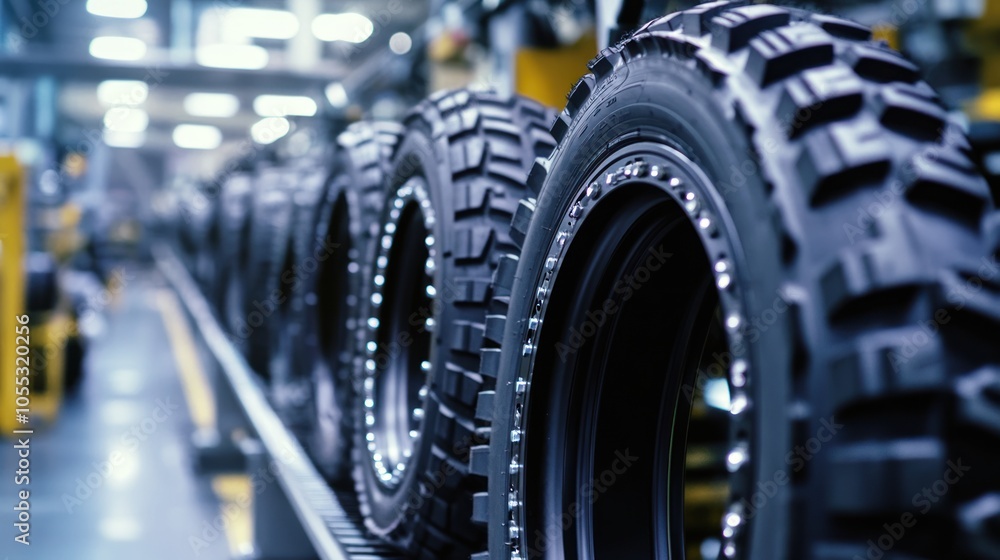 Tire assembly line in a modern factory, producing custom motorcycle tires for unique designs. Tire assembly line in a modern factory, producing custom motorcycle tires for unique designs.