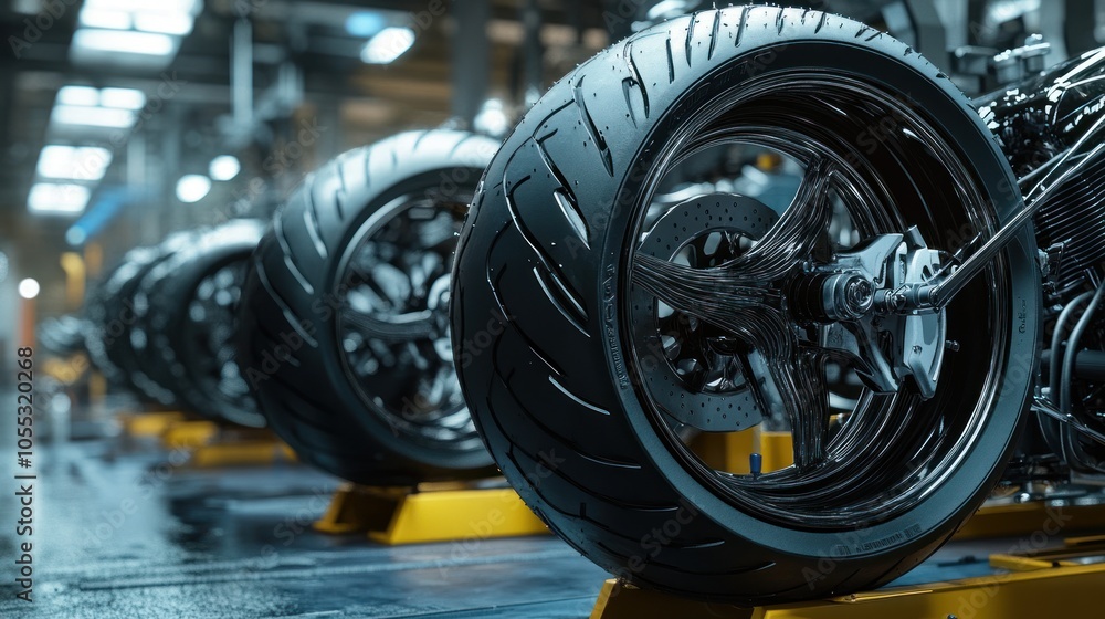 Fototapeta premium Tire assembly line in a modern factory, producing custom motorcycle tires for unique designs.