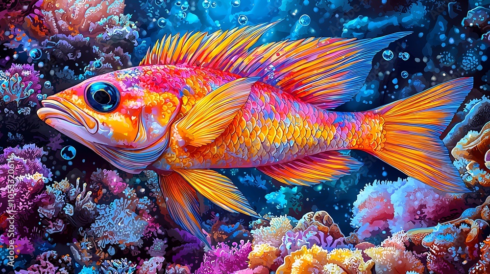 A vibrant, orange and pink fish swims through a coral reef. A vibrant, orange and pink fish swims through a coral reef.