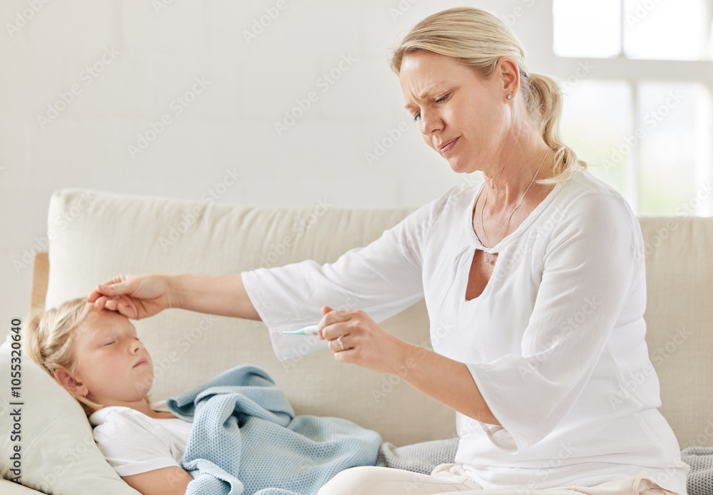 Fototapeta premium Mother, child and thermometer for symptoms, fever and cold virus in living room with concern or care. Woman, daughter and sick in home with hand on forehead, check and wellness for medical condition