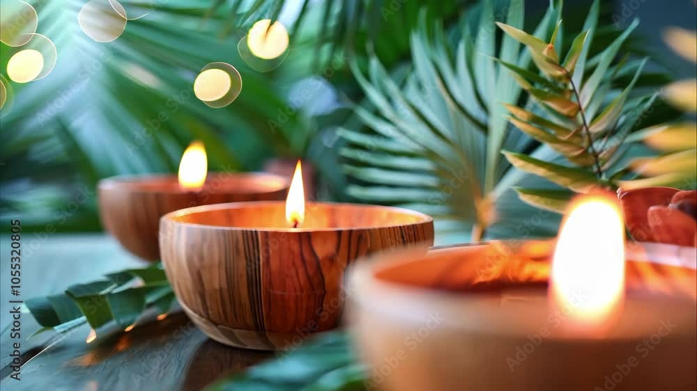 Three lit candles in wooden bowls surrounded by green foliage and soft bokeh lights, creating a serene ambiance. Three lit candles in wooden bowls surrounded by green foliage and soft bokeh lights, creating a serene ambiance.