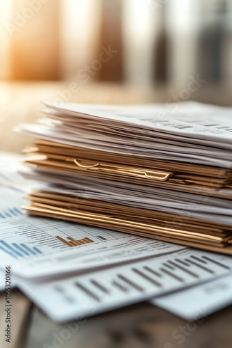 Close-up of a stack of office documents and reports placed on a wooden desk with warm lighting, symbolizing paperwork and business analysis.
