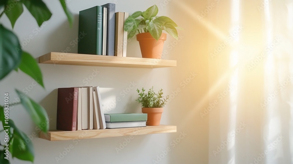 Wooden shelves with books and plants in a bright room. Wooden shelves with books and plants in a bright room.