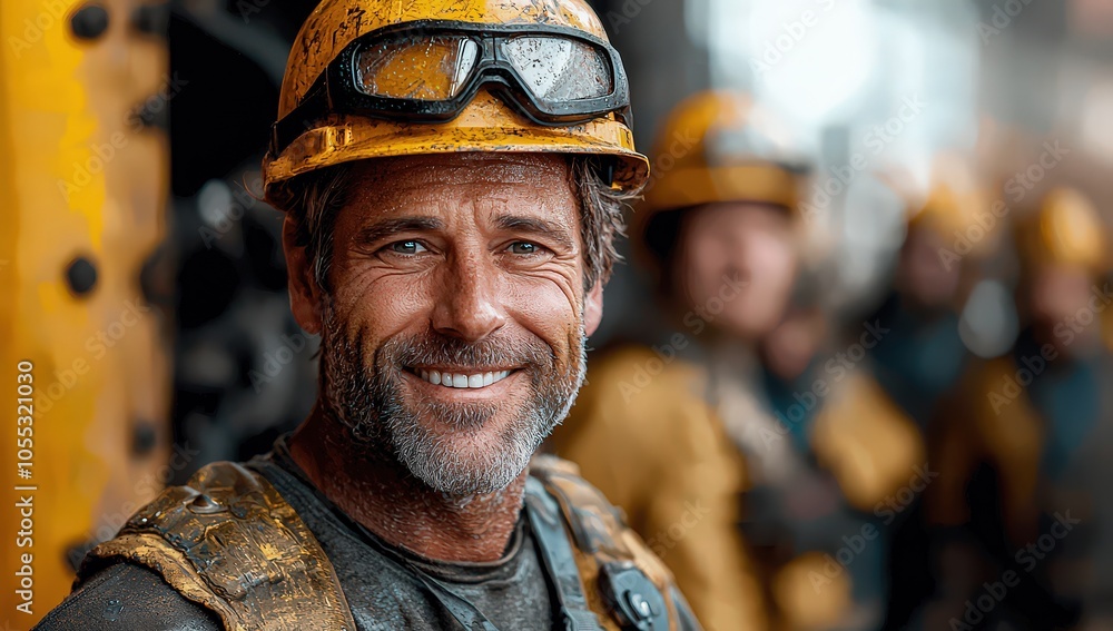 A portrait of a smiling middle-aged worker wearing a helmet and safety glasses in a steel plant, with a group of people behind him A portrait of a smiling middle-aged worker wearing a helmet and safety glasses in a steel plant, with a group of people behind him