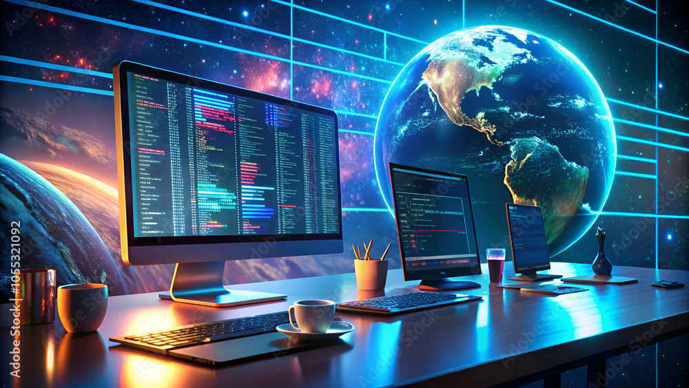 Engaging 3D desktop illustration with coding languages in a futuristic scene, ideal for illustrating programming and development concepts Engaging 3D desktop illustration with coding languages in a futuristic scene, ideal for illustrating programming and development concepts