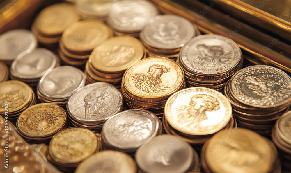 close up of collection of gold and silver coins, with focus on top coin close up of collection of gold and silver coins, with focus on top coin