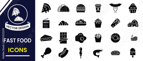 Fast food icons, vector set. Fast food silhouette, vector art icons. Vector illustration in thin line style in burger, pizza, sandwich pop corn, French fries, desserts, and more. Vector illustration.
