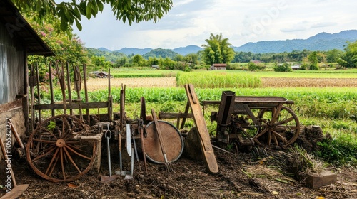 Traditional Thai farming tools displayed on a rural farm, with a background of green fields. photo