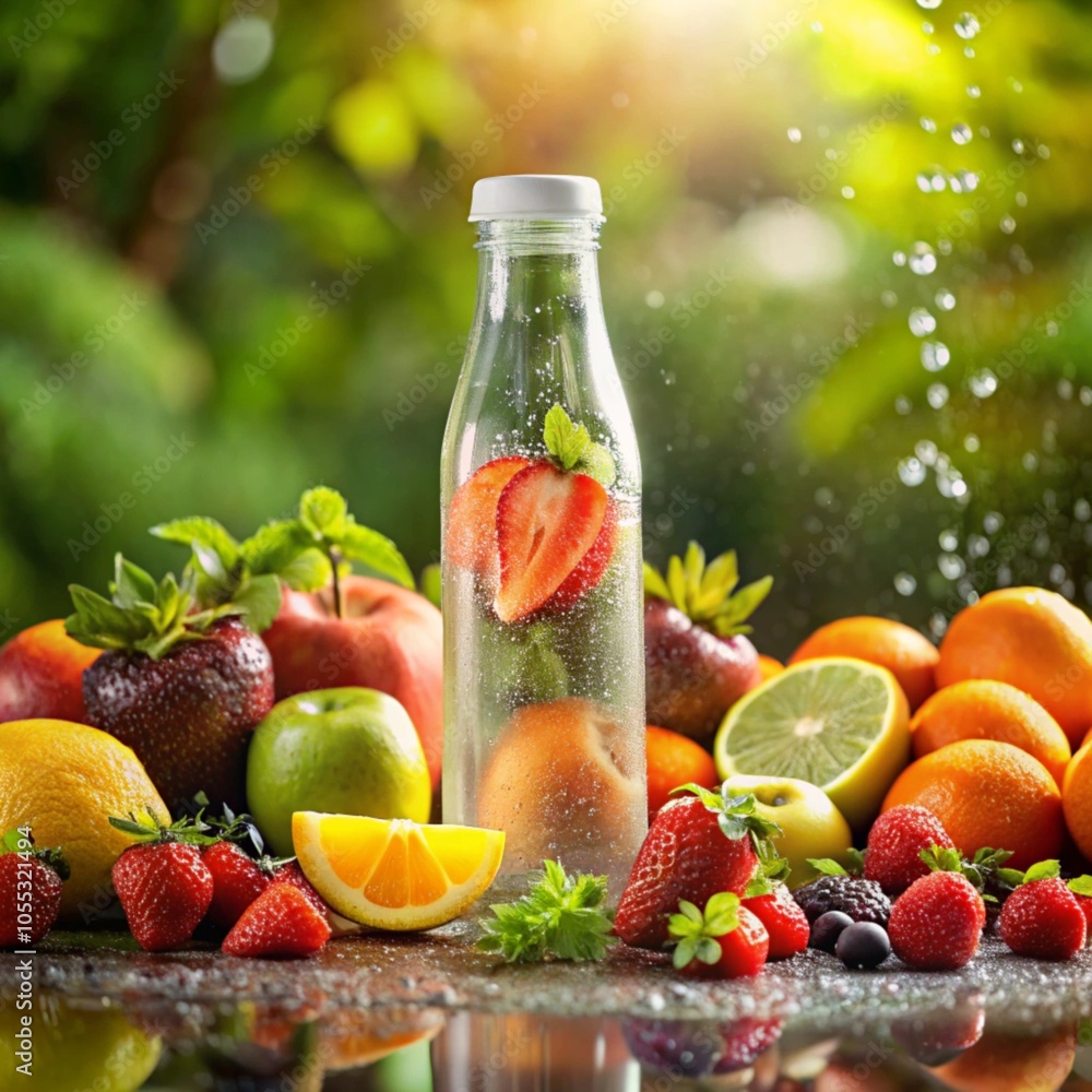 Image of a bottle surrounded by fresh fruits on a blurred background of nature. Image of a bottle surrounded by fresh fruits on a blurred background of nature.