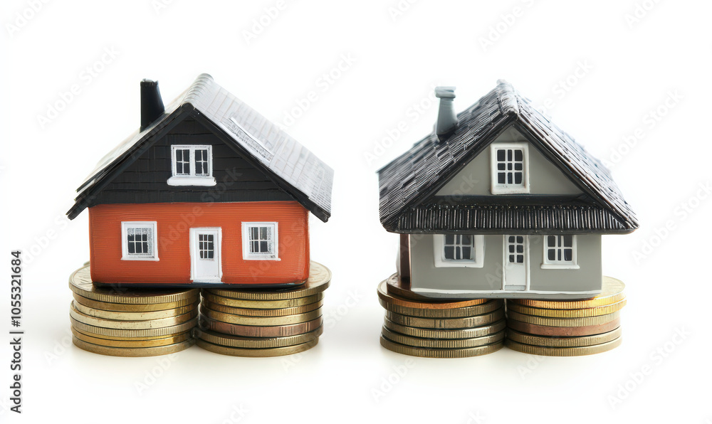 Two miniature houses, one red and one grey, standing on piles of coins. This symbolizes cost of real estate Two miniature houses, one red and one grey, standing on piles of coins. This symbolizes cost of real estate