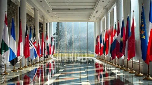 International flags in sunlit corridor with reflections and wide panoramic view photo