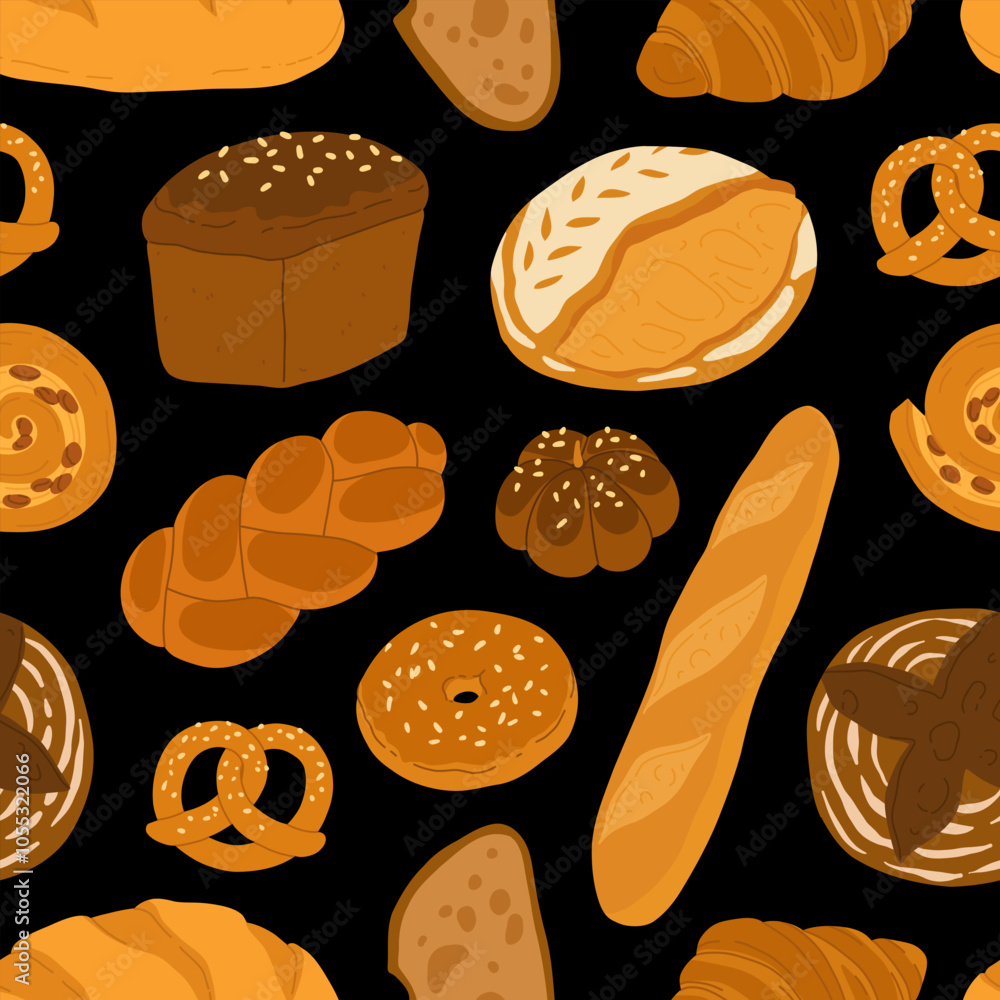 Seamless pattern of fresh breads. Breads and pastry banner. Whole grain and wheat bread, pretzel, ciabatta, croissant, french baguette for bakery menu design. Seamless pattern of fresh breads. Breads and pastry banner. Whole grain and wheat bread, pretzel, ciabatta, croissant, french baguette for bakery menu design.
