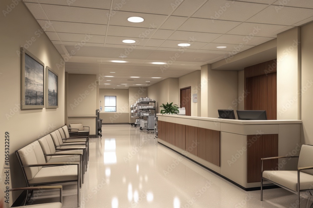 Fototapeta premium A hospital lobby with a reception desk and several chairs