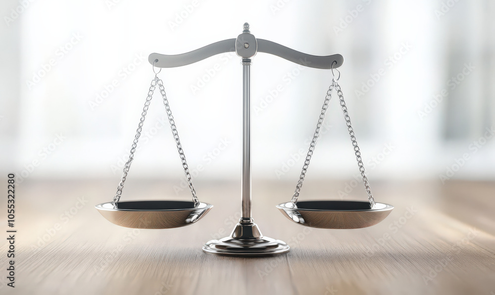 silver balance scale rests on wooden table, ready to weigh out justice silver balance scale rests on wooden table, ready to weigh out justice
